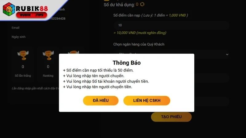 Những điều cần lưu ý khi thực hiện nạp tiền tại Rubik88